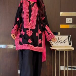 elegant black crepe silk embroidered suit set