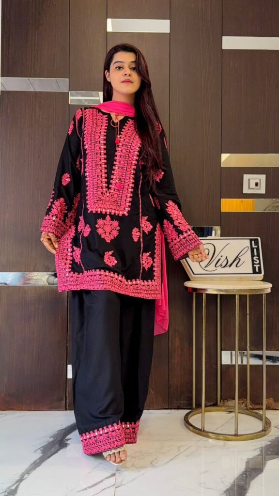 Elegant Black Crepe Silk Embroidered Suit Set