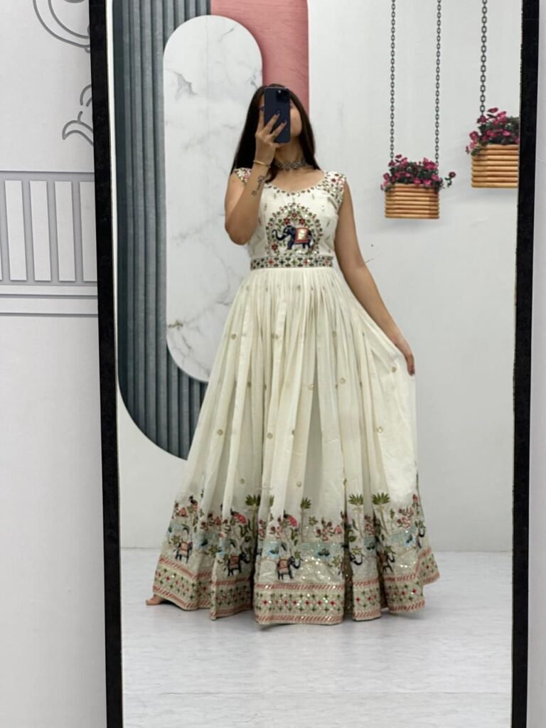 Royal White Chinon Embroidered Gown with Dupatta