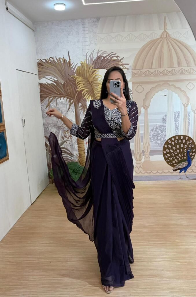 Designer Ready-To-Wear Embroidered Drape Saree with Fully Stitched Blouse