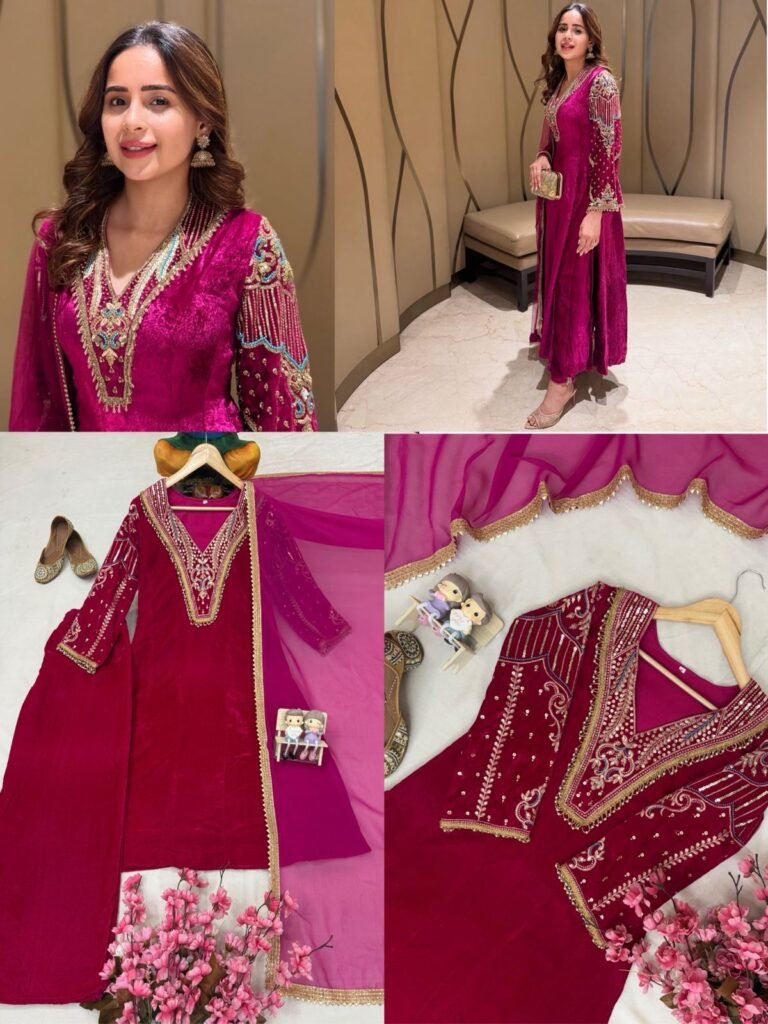 Royal Magenta Velvet Embroidered Kurti Set With Dupatta – Premium Festive Collection