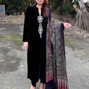 premium velvet winter 3 piece suit set with ajrakh chinon dupatta | sajdeya 2025 velvet collection