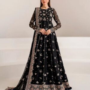luxury black heavy georgette embroidered gown with sharara & dupatta | sajdeya royal collection