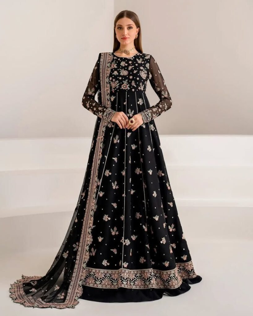 Luxury Black Heavy Georgette Embroidered Gown with Sharara & Dupatta | Sajdeya Royal Collection