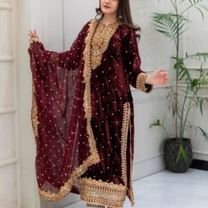 premium maroon viscose velvet embroidered suit with dupatta | sajdeya party wear collection