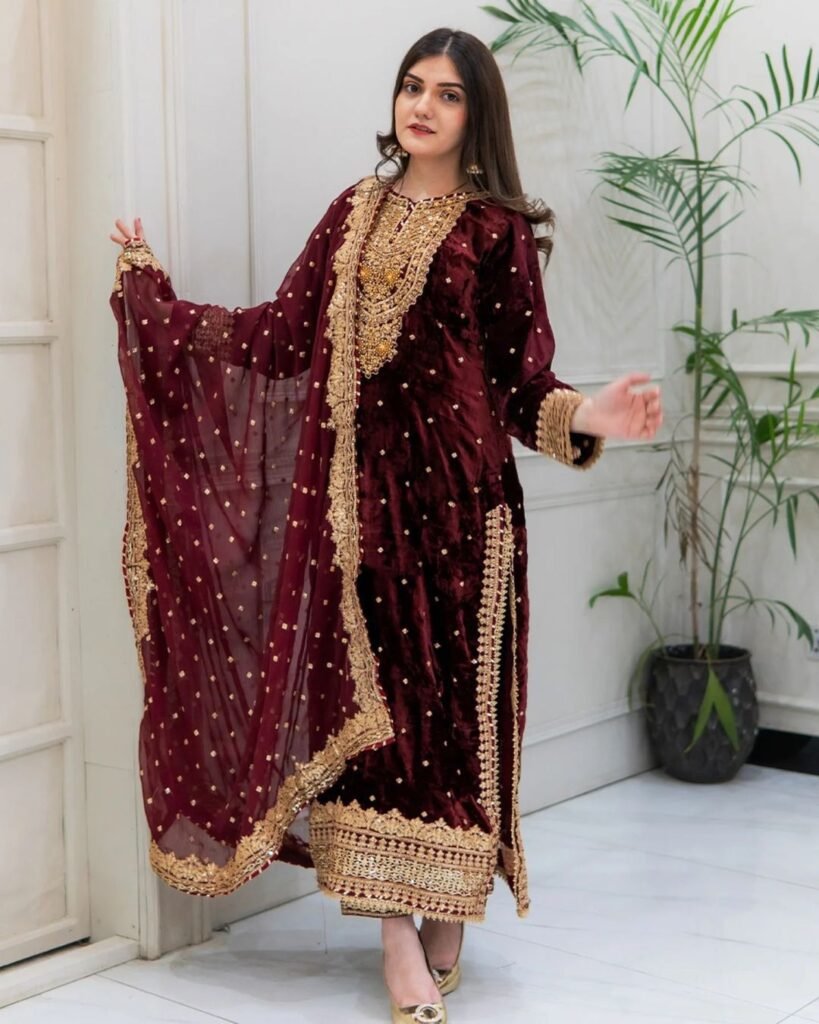 Premium Maroon Viscose Velvet Embroidered Suit with Dupatta | Sajdeya Party Wear Collection