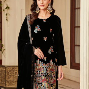 designer velvet embroidered party wear top & pant set with fancy dupatta | sajdeya