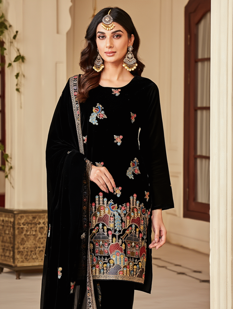 Designer Velvet Embroidered Party Wear Top & Pant Set with Fancy Dupatta | Sajdeya