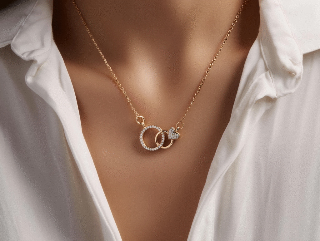 Elegant Interlocked Heart & Circle Pendant Necklace – 18K Gold Plated with Zircon Stones