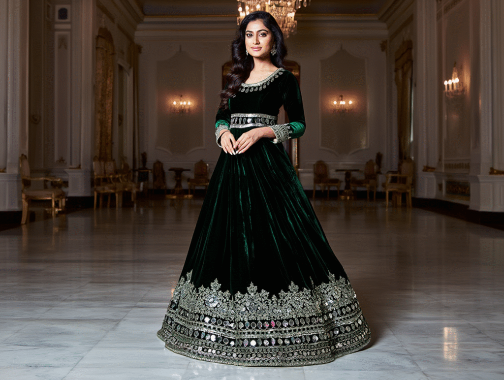 Luxury Heavy Velvet Embroidered Sequins Gown with Net Dupatta – Premium Party Wear 2025 Collection