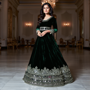 luxury heavy velvet embroidered sequins gown with net dupatta – premium party wear 2025 collection