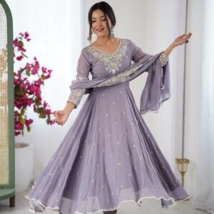 lavender georgette anarkali suit set with dupatta | heavy embroidered party wear kurti for women