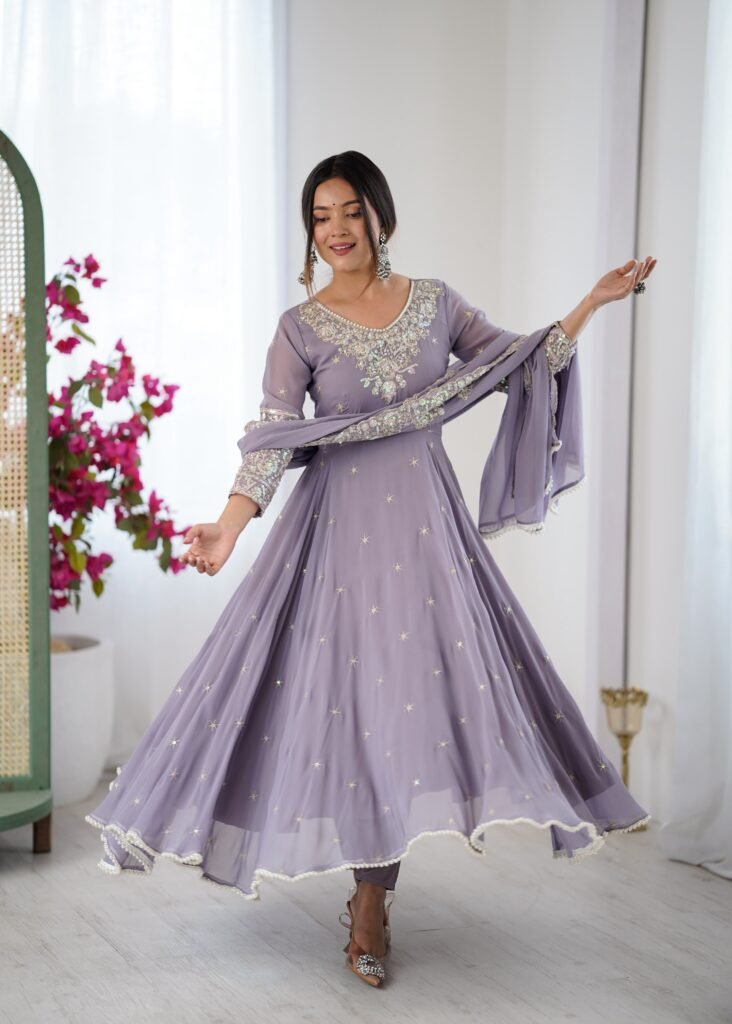 Lavender Georgette Anarkali Suit Set with Dupatta | Heavy Embroidered Party Wear Kurti for Women